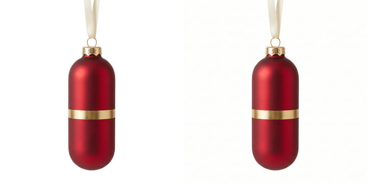 Christmas ornament in a capsule shape with matte red glass and a gold stripe as an isolated PNG on a transparent background