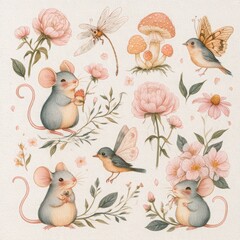 Obraz premium Adorable Spring Watercolor Sticker Sheet Featuring Cute Little Mice in Whimsical Cottagecore Style