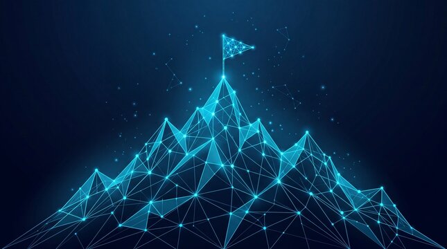 Digital wireframe mountain peak with a glowing flag on a dark blue background representing business success with range constructed connected connected lines nodes