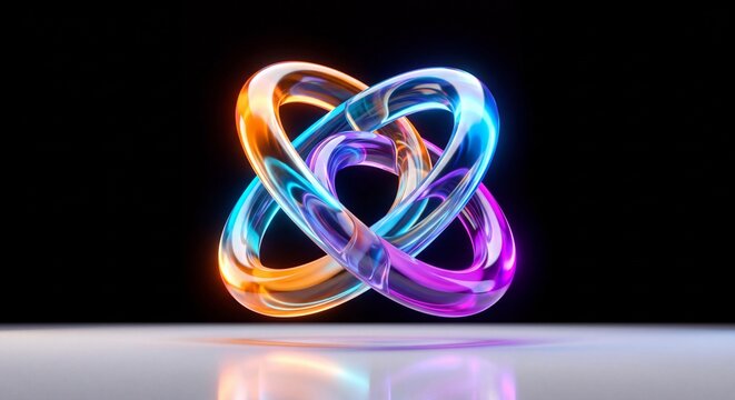 Abstract glowing glass rings intertwined in a symmetrical 3d shape against a dark background