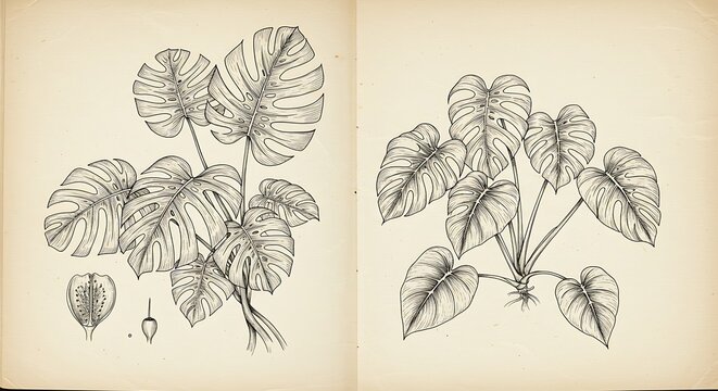 Vintage Botanical Illustrations of Tropical Plants on Aged Paper.