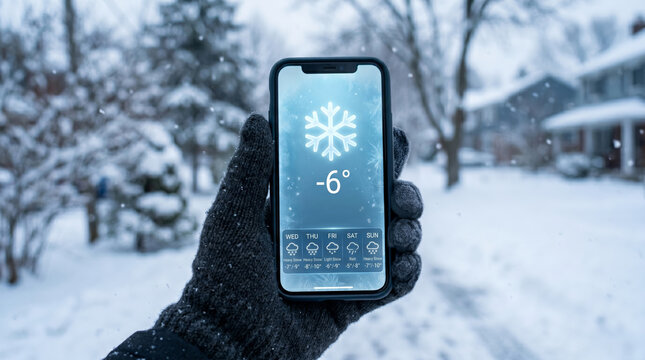Person wearing glove holding smartphone with weather forecast app displaying snowy day. Checking temperature during winter