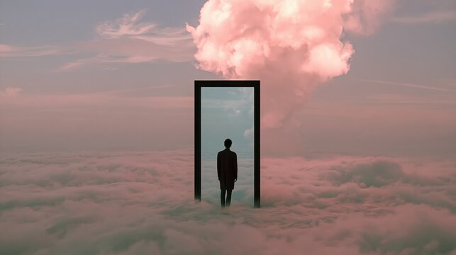 Man in doorway surrounded by clouds