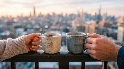 Fototapeta premium Woman and man holding coffee mugs on city balcony at sunset. Couple enjoying warm beverage while overlooking urban skyline view. Relaxing morning ritual and romantic lifestyle concept