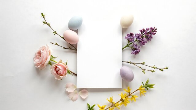 Blank white paper card surrounded by pastel easter eggs, pink roses, purple lilac, and yellow forsythia branches