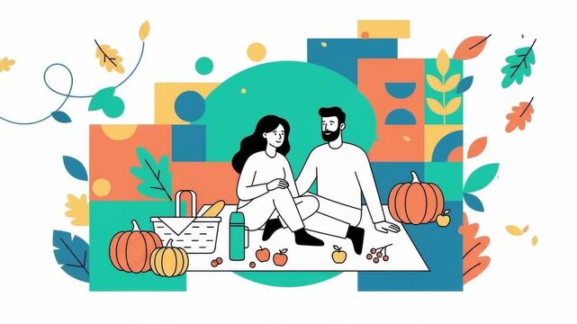 Couple enjoys a cozy autumn picnic surrounded by colorful leaves and pumpkins celebrating the season