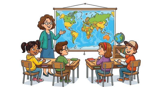 Teacher instructing diverse students in a classroom with a world map isolated on white background