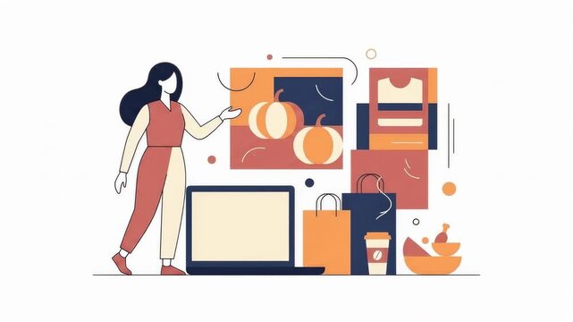 Woman showcasing online shopping experience with laptop and bags highlighting products and deals