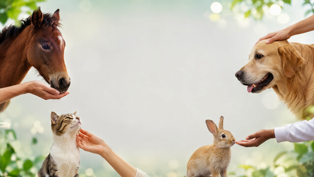 Horse, dog, cat, rabbit pet care scene with human hands, golden retriever and copy space. Concept of animal welfare, veterinary support, responsible ownership, companion animal care banner