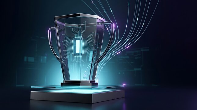 Futuristic glass trophy with integrated electronic circuit board and glowing fiber optic cables representing technological innovation and excellence in digital industry achievements