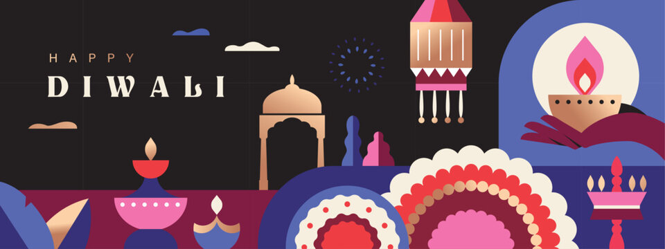 Happy Diwali festival greeting card, poster, cover, banner, vector illustration with diya, lantern, oil lamp and Indian pattern in geometric flat modern style.