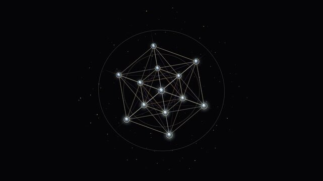 Rotating geometric crystal structure with glowing nodes in dark space background