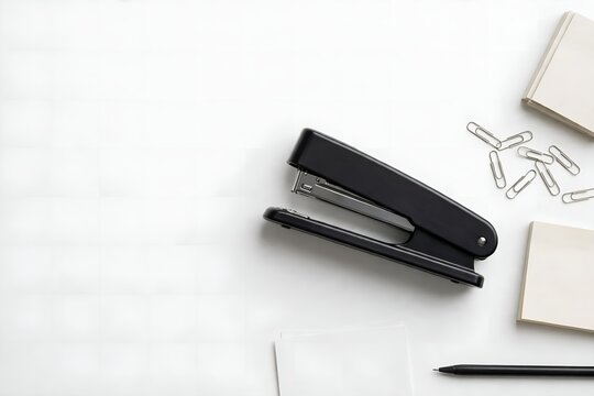 Black office stapler on clean white desk flat lay with copy space
