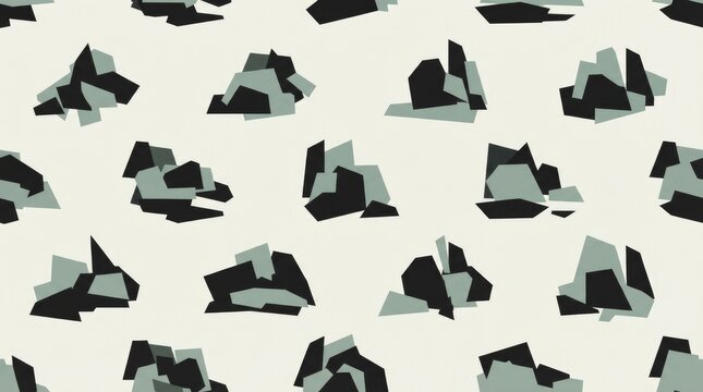 Seamless geometric pattern featuring clusters of angular, jagged rock-like shapes in dark grey and sage green on a light cream white background