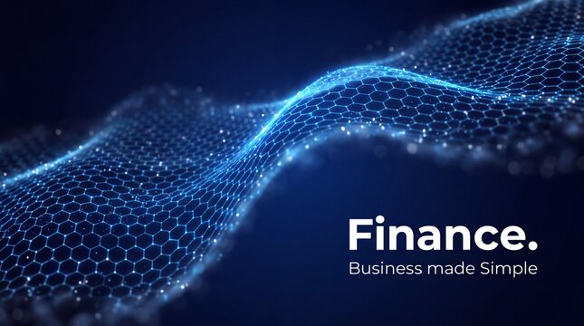 Abstract blue hexagon mesh wave background with digital particles and finance business text elements with interconnected blue hexagons particles flows
