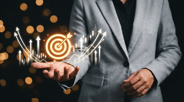 Business executive holding glowing target symbol with upward stock chart trends
