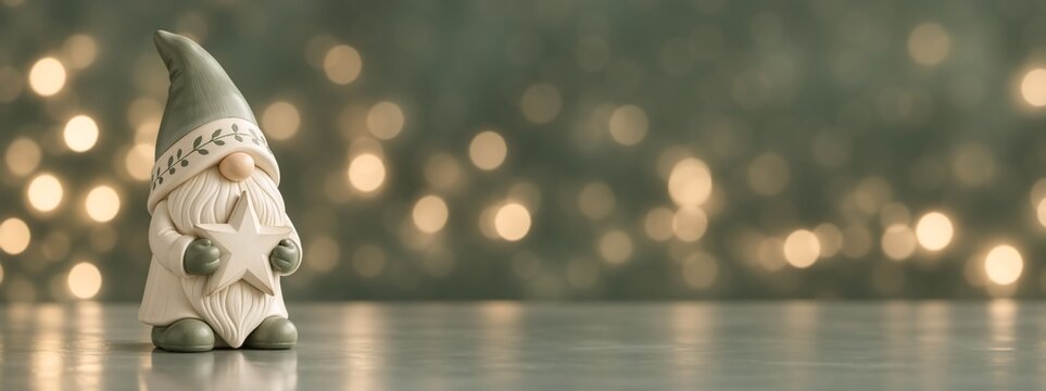 Christmas gnome figurine holding a star on reflective table. Scandinavian tomte decoration banner with bokeh lights. Copy space