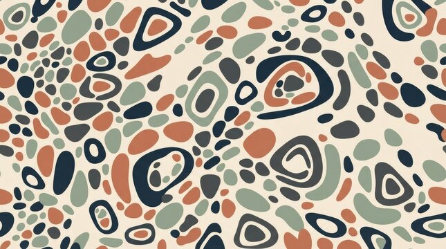 Seamless pattern of abstract organic shapes and concentric rings in muted orange, sage green, and dark grey on a light cream white background