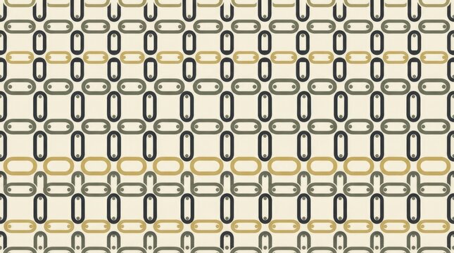 Seamless pattern of repeating oval and link motifs in dark grey and mustard yellow on a light cream background, for textile surface