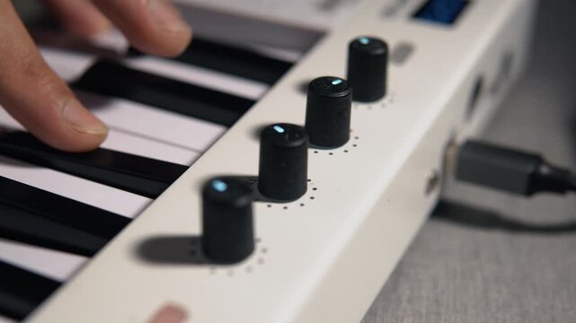 4K close-up shot of a man&rsquo;s hand turning a MIDI keyboard knobs during a music production session in a music studio. The concept of art, entertainment, independent music production, and creativity.