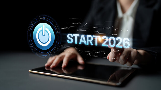 Start 2025 concept with futuristic power button symbolizing fresh beginnings, innovation, and digital transformation. Start 2025, new goals, and start 2025 initiative. Spline