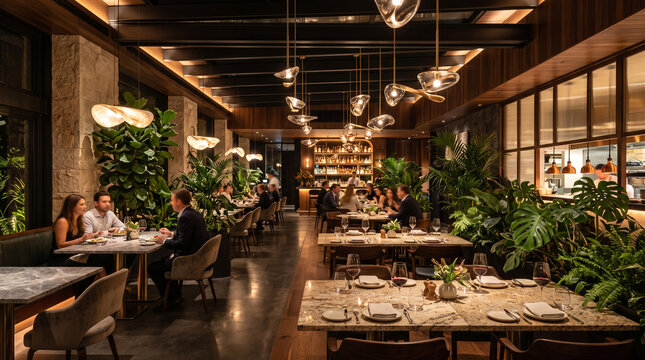 People dining in a modern upscale restaurant interior with lush indoor plants