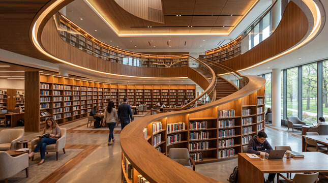 Modern public library interior with curved wooden staircase and bookshelves