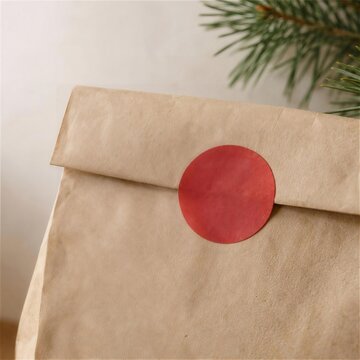 赤い丸いシールで封をしたクラフト紙の福袋