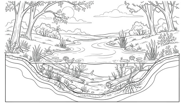 Cross section of river ecosystem with forest for coloring book.