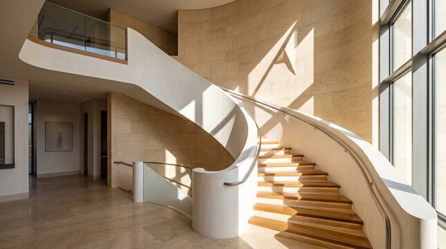 Modern curved staircase with wooden steps in a bright minimalist building interior