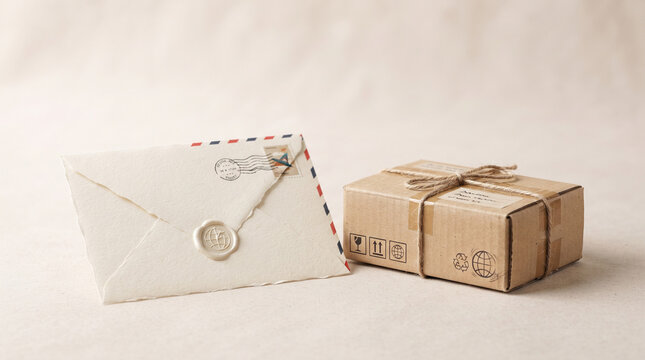 Airmail envelope and cardboard parcel on a neutral surface