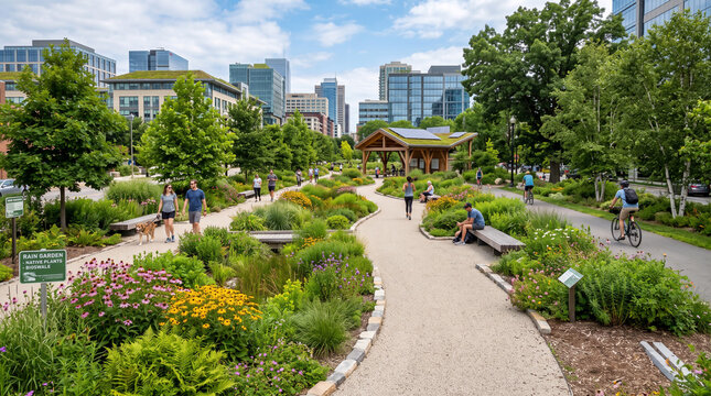 People walking and cycling in a modern urban park with lush green landscaping