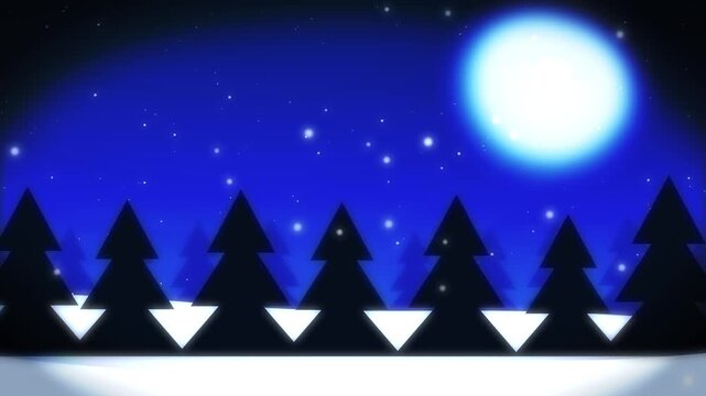 Minimalist winter night background with snow falling over flat design pine trees under glowing full moon