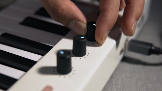 4K close-up shot of a man&rsquo;s hand turning a MIDI keyboard knobs during a music production session in a music studio. The concept of art, entertainment, independent music production, and creativity.