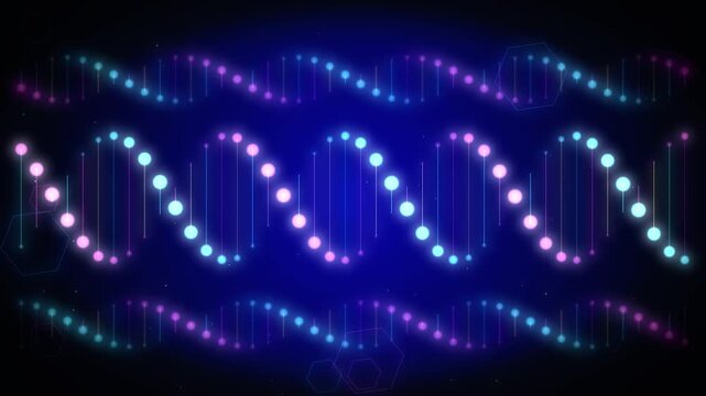 Neon dna strands spinning gracefully against dark blue background with glowing hexagonal shapes digital motion