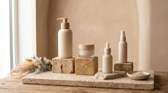 Cosmetic packaging bottles and jars on stone blocks with natural light
