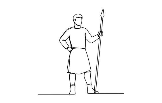 Continuous single line drawing of an ancient warrior standing holding a long spear
