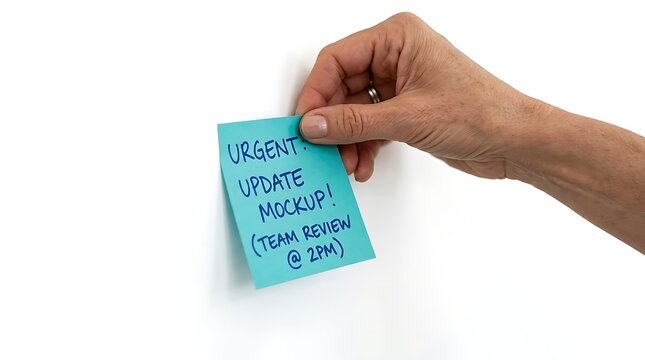 Hand holding a blue sticky note with urgent update mockup and team review at 2pm message isolated on white background