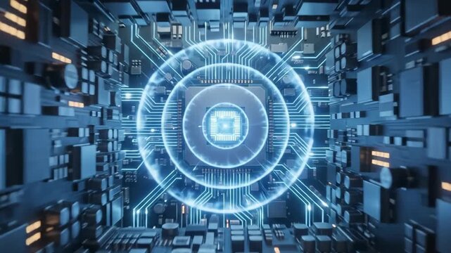Futuristic Circuit Board Animation: Glowing Microchip and Data Flow - Technology Concept