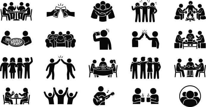 Set of people hanging out, friends gathering, social activities, and group leisure time icons