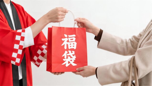 初売りで店員から赤い福袋を受け取る客