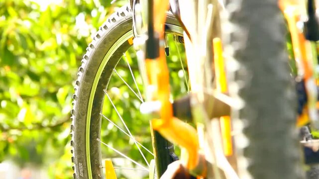 Orange mountain bike wheel and suspension fork in close-up with sunlit green foliage background