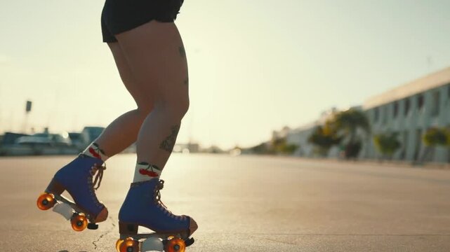 Young Tattooed Woman Roller Skating Outdoors During Golden Sunset