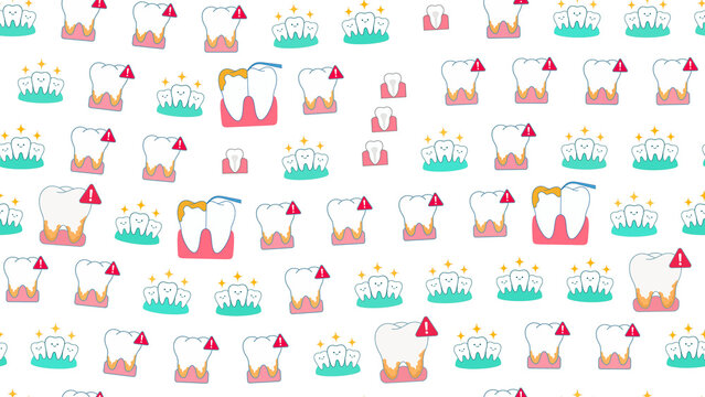 Cartoon teeth pattern with dental care and warning signs