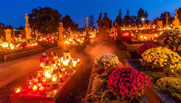 Cemetery Illuminated by Lit Votive Candles on All Saints Day at Night