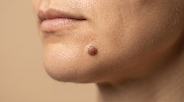 Close up of a large raised brown mole or nevus on a woman's chin