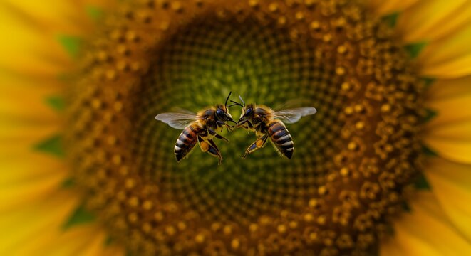 Busy bee on sunflower closeup macro.