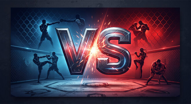 Dark Versus Battle. MMA concept - Fight night, MMA, boxing, wrestling, Thai boxing. VS collision of metal letters with sparks and glow on a red-blue background and octagon grid. Versus