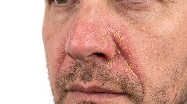 Close up of a man's face showing severe seborrheic dermatitis and flaky dry skin around the nose and mouth
