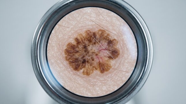 Dermoscopy view of a suspicious skin lesion atypical nevus or melanoma under a dermatoscope